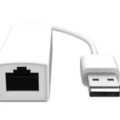 Adaptador USB para Ethernet branco com conector USB macho e entrada RJ45