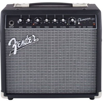 Amplificador de guitarra Fender Champion 20 preto e cinzento com painel de controlo frontal