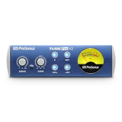Pré-amplificador áudio PreSonus TUBE Pre V2 azul com botões e medidor VU amarelo