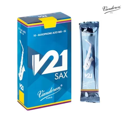 Palhetas Vandoren V21 para saxofone alto com caixa azul e embalagem individual