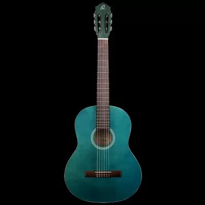 Guitarra clássica azul esverdeada em fundo preto
