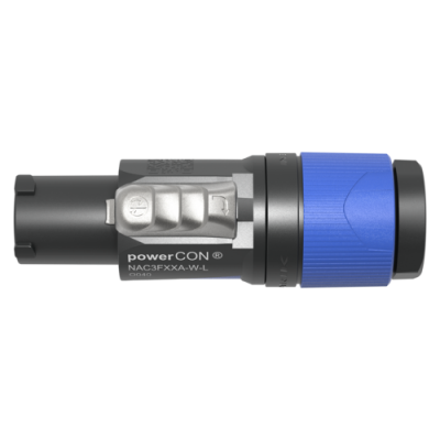 Conector elétrico powerCON NAC3FXXA-W-L preto e azul isolado