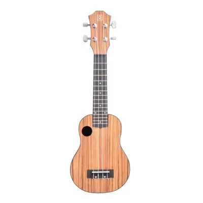 Ukulele em madeira clara com veios e escala preta