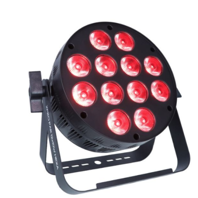 Projetor LED preto com 12 luzes vermelhas e suporte em metal.