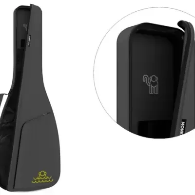 Estojo rígido cinzento para guitarra com bolso e logótipo amarelo.