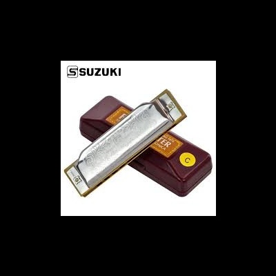 Gaita de boca Suzuki metálica prateada com caixa castanha