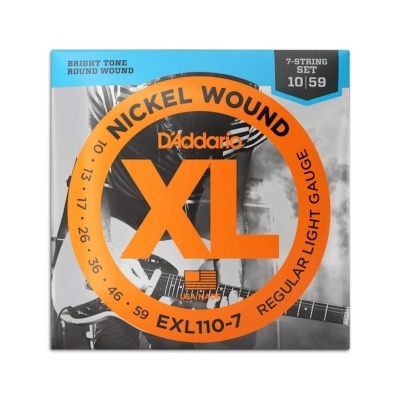 Conjunto de 7 cordas para guitarra D'Addario XL, embalagem com cores azul, cinza e laranja