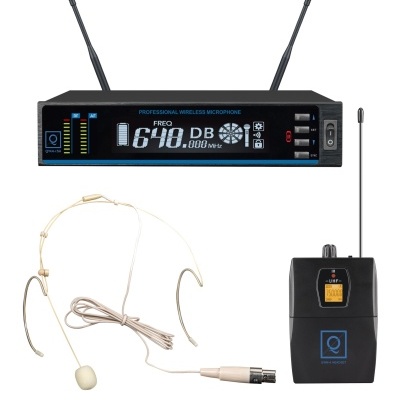 Microfone sem fios profissional com receptor, transmissor e microfone headset beje