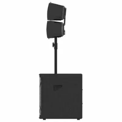 Sistema de colunas de som preto com subwoofer e duas colunas empilhadas