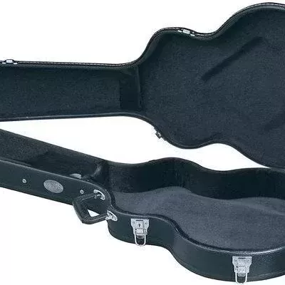 Estojo rígido preto para guitarra aberto, com interior almofadado em veludo preto