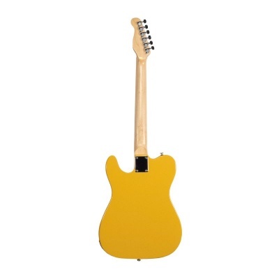Guitarra elétrica amarela vista de trás com braço de madeira clara