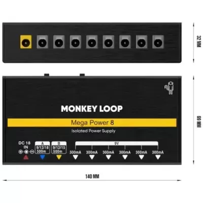 Fonte de alimentação isolada preta para pedais de guitarra MONKEY LOOP Mega Power 8 com 8 saídas DC 9V e dimensões marcadas