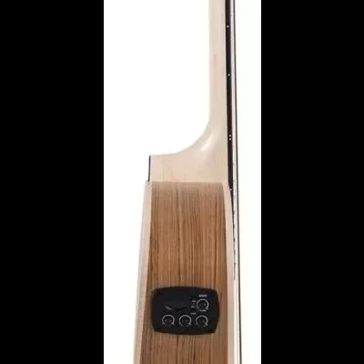 Guitarra acústica vista lateral com madeira natural e controles