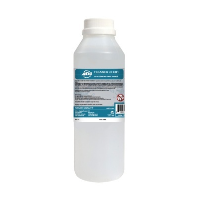 Frasco branco translúcido de líquido de limpeza para máquinas de fumo com rótulo azul e branco