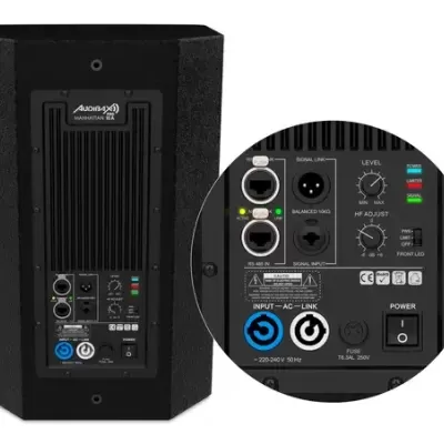 Coluna de áudio monitor preto Audioboxx Manhattan 10A com painel traseiro detalhado