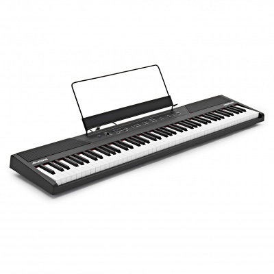 Teclado digital preto com suporte para partituras e 61 teclas