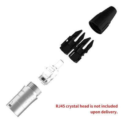 Componentes para conector RJ45 em fundo branco com texto de aviso