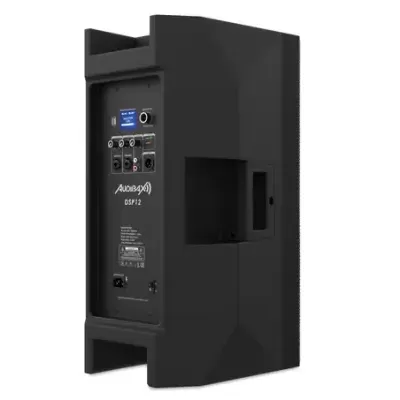 Coluna de som preta AUDIBAY DSP12 vista de lado com painel traseiro