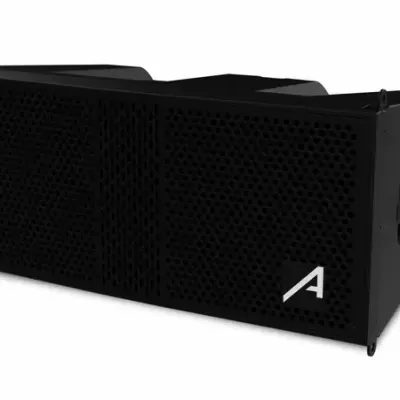 Coluna de som profissional preta com grelha perforada e logótipo branco A