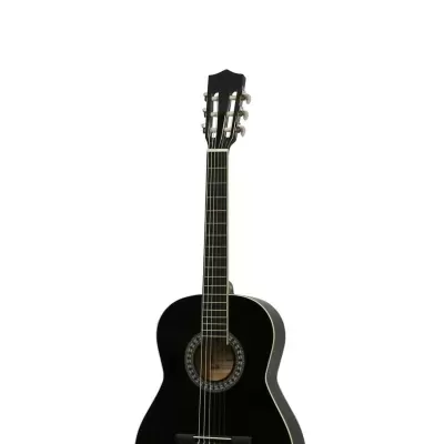 Guitarra acústica clássica preta com cordas e detalhes decorativos no corpo