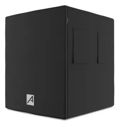 Painel acústico preto quadrado com aberturas retangulares e logótipo A