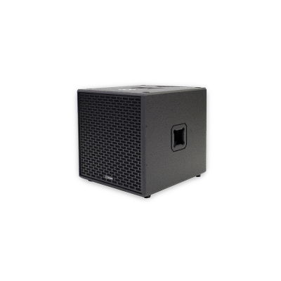 Subwoofer preto quadrado com grelha frontal e pega lateral