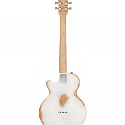 Guitarra elétrica de corpo branco desgastado com madeira aparente e braço claro