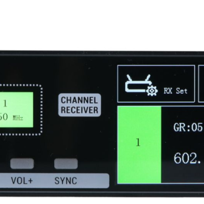 Painel digital preto de receptor com visor verde e botões