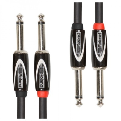 Cabo de áudio com conectores jack de 6,35 mm preto e vermelho com texto Roland
