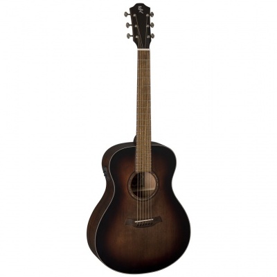 Guitarra acústica de corpo escuro com braço de madeira clara