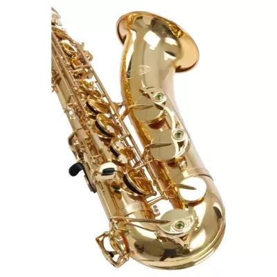 Saxofone metálico dourado com detalhes verdes nas teclas