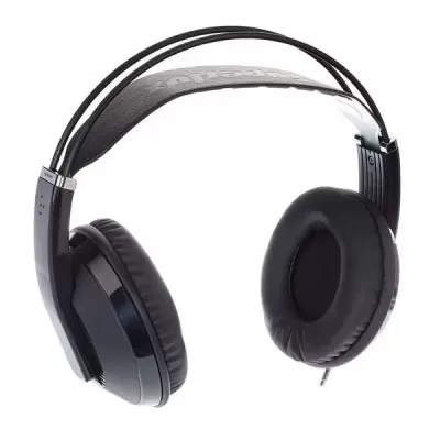 Headphones pretos com almofadas de couro sintético e banda ajustável