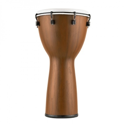 Djembe de madeira com pele branca e ferragens pretas