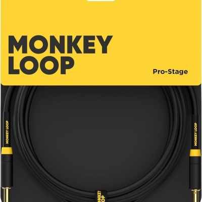 Cabo Monkey Loop Pro-Stage preto com conectores dourados em embalagem preta com cartão amarelo