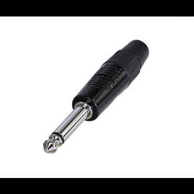 Conector jack mono 6.35 mm preto e metálico sobre fundo branco