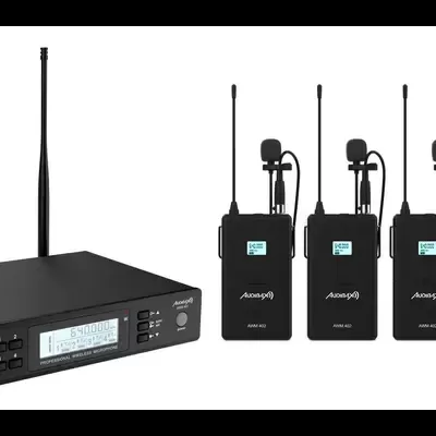 Sistema de microfone sem fios profissional com recetor e quatro transmissores pretos