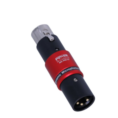 Pré-amplificador de microfone preto e vermelho com conector XLR