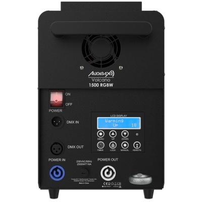 Equipamento eletrônico preto com botões, ventoinha e ecrã digital azul