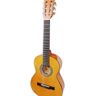 Guitarra clássica de madeira castanho claro e braço preto