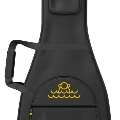 Estojo preto para instrumento musical com bolsos e padrão amarelo