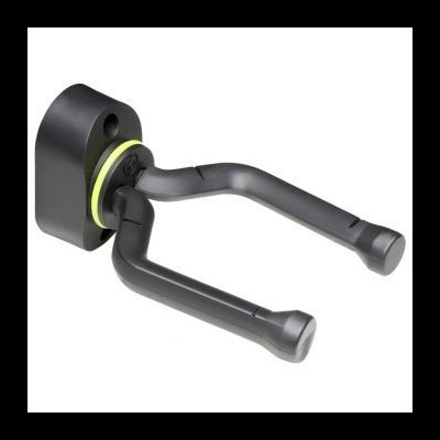 Suporte preto para guitarra com detalhes amarelos