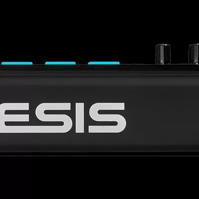 Teclado musical preto ALESIS com conexões USB, sustain e power