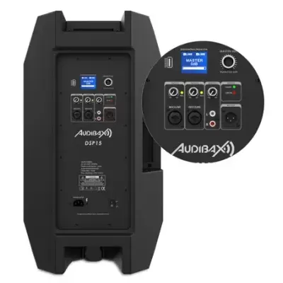 Coluna preta AUDIBAX DSP15 com controlo digital e conexões