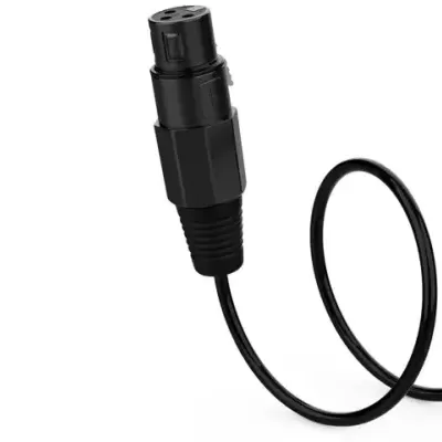 Cabo preto com conector XLR de 3 pinos em fundo branco