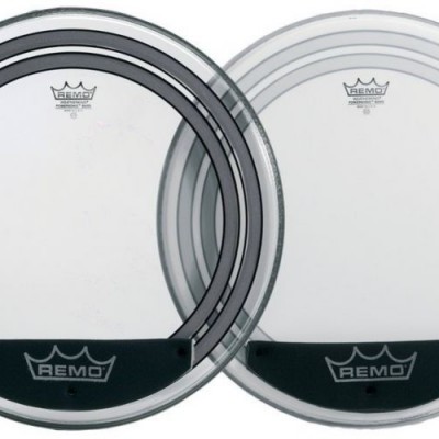 Duas peles transparentes para bateria com círculos e etiquetas pretas da marca REMO