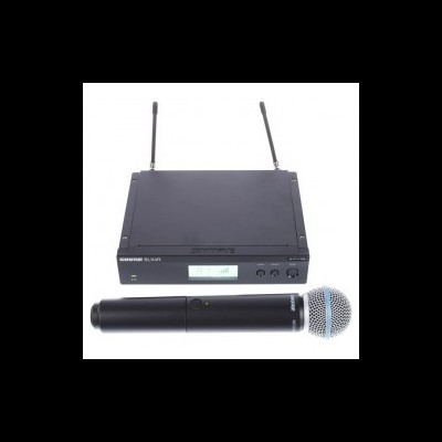 Microfone sem fios preto com grelha metálica e receptor com antenas