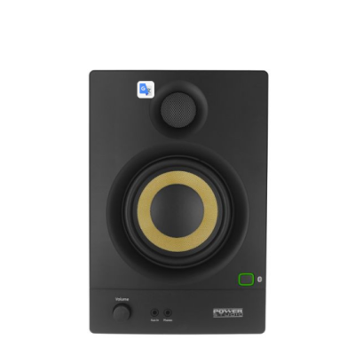 Coluna de som preta com cone amarelo e controlo de volume