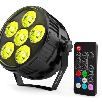 Projetor de luz LED preto com seis focos amarelos e comando remoto preto