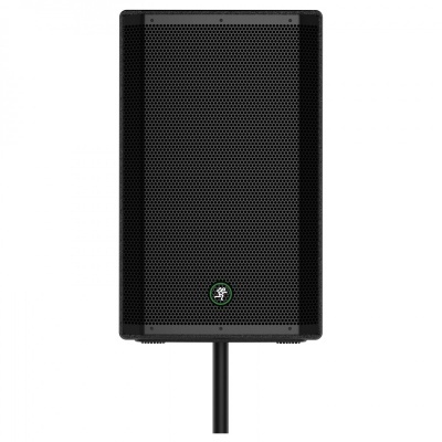 Coluna áudio preta com grelha metálica e símbolo verde e branco