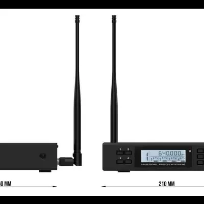 Receptor microfone sem fio preto com ecrã digital e duas antenas.